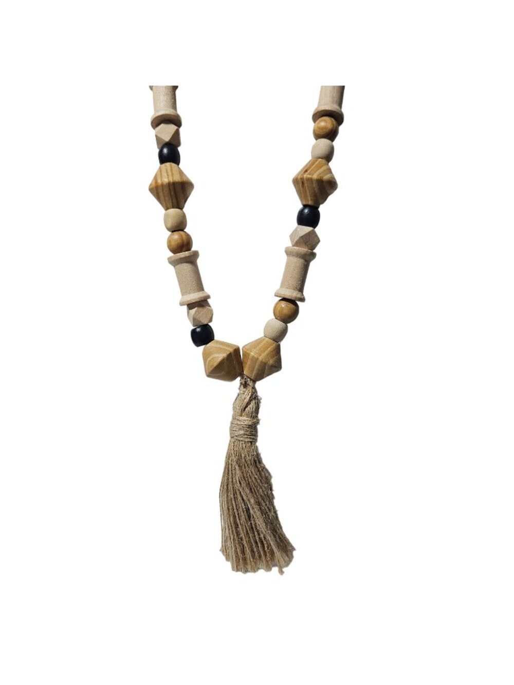 Handmade Chunky Wooden Bead Tassel Necklace Geometric Shapes Fashion Jewelry